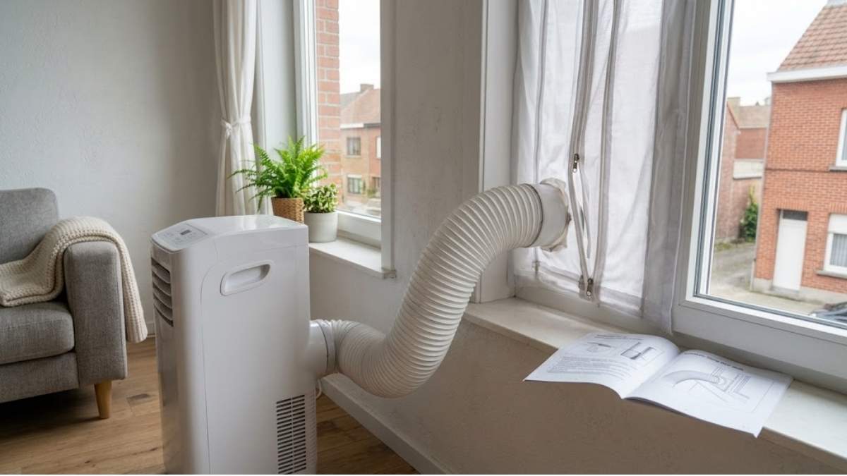 Een witte mobiele airco. De afvoerslang loopt via een raamafdichting naar buiten. Op de vensterbank ligt een handleiding.