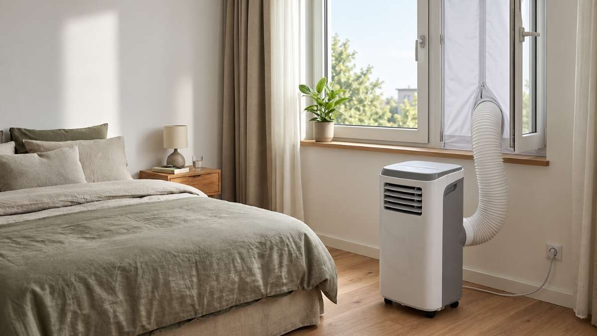 Een wit met grijze mobiele airco in een slaapkamer. De afvoerslang loopt via een geopend raam naar buiten. Een stoffen raamafdichting met rits zorgt ervoor dat warme lucht buiten blijft.