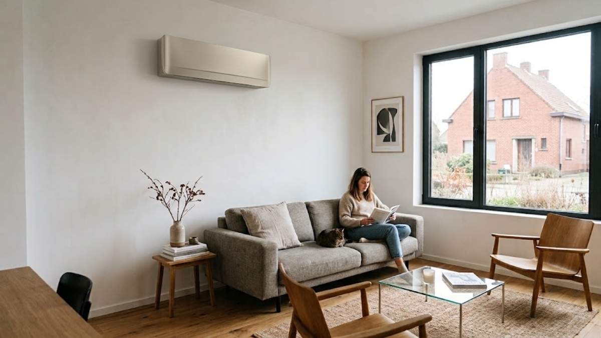 Een vrouw zit in een woonkamer met grijze zetel, glazen tafel en een design airco binnenunit. Een groot raam geeft uit op de woning van de overburen. De vrouw leest een boek, naast haar zit een kat.